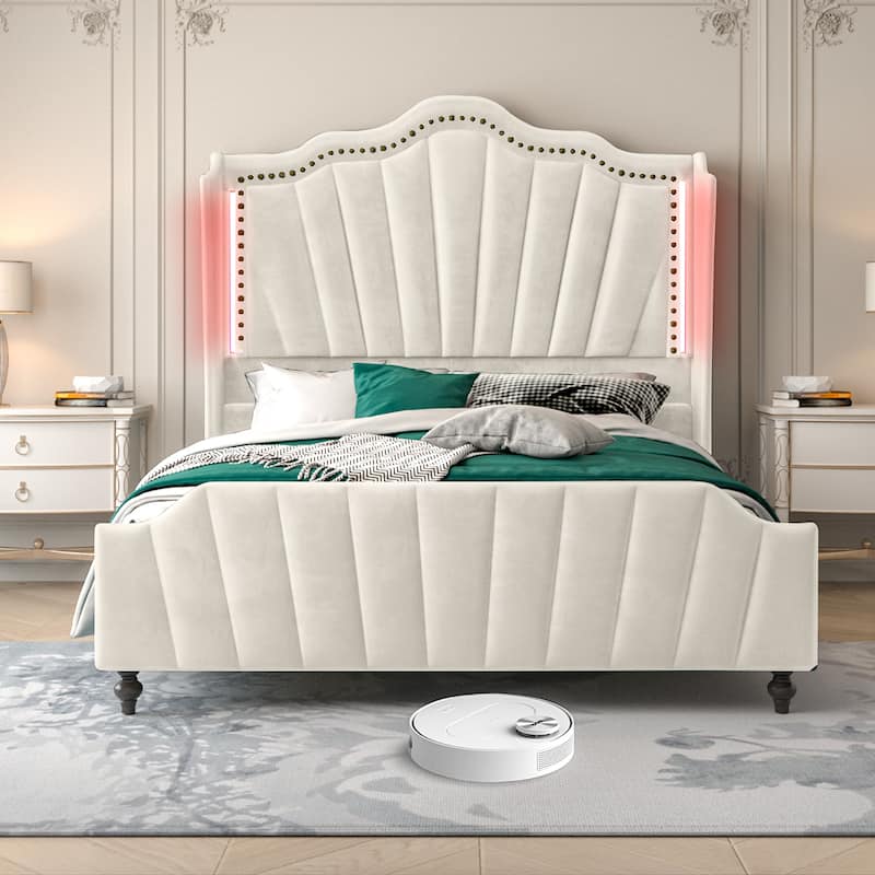 Moasis Queen Size Velvet Upholstered Platform Bed Frame with Wingback Headboard & LED Light - Beige - Queen