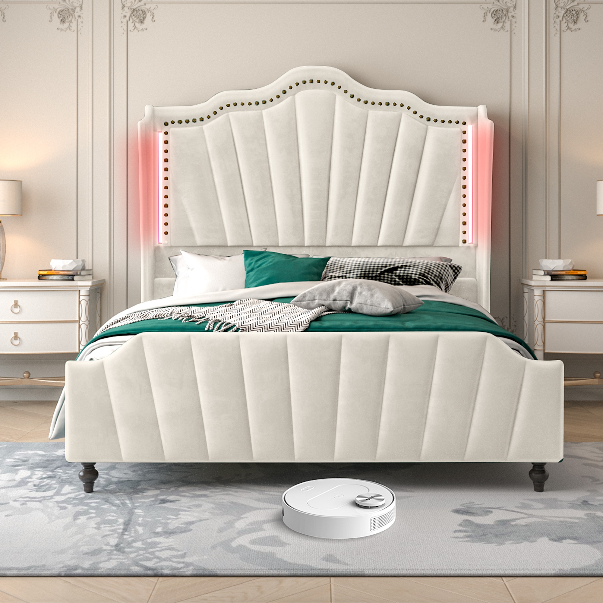 Velvet Upholstered Platform Bed Frame with 60 Tall Wingback Headboard