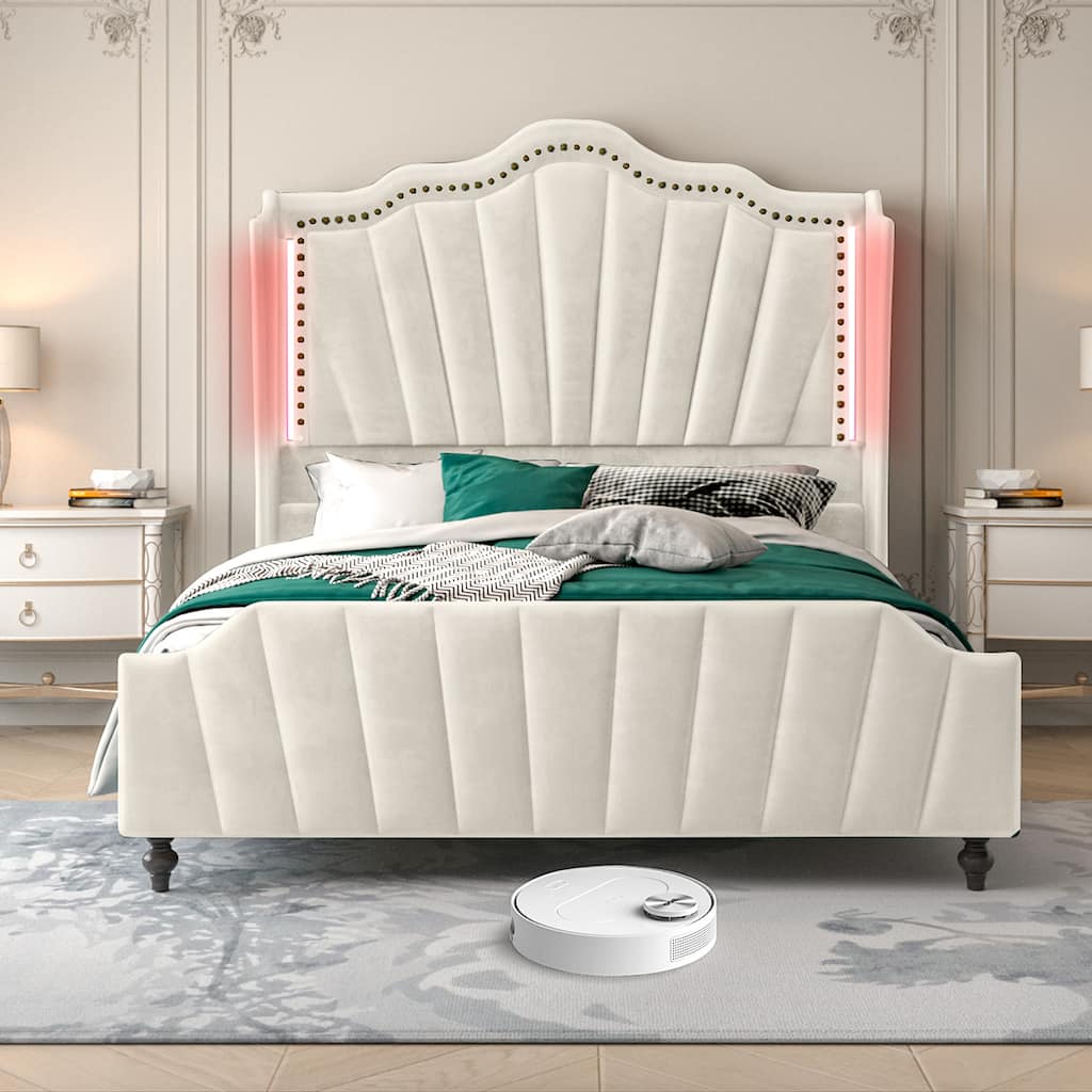 Velvet Upholstered Platform Bed Frame with 60" Tall Wingback Headboard
