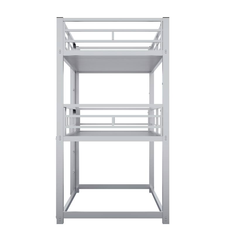 Twin Triple Bunk Bed w/ Long & Short Ladder, Industrial Style Metal Bunkbeds w/ Safety Guardrails for Bedroom, Dorm, Guest Room