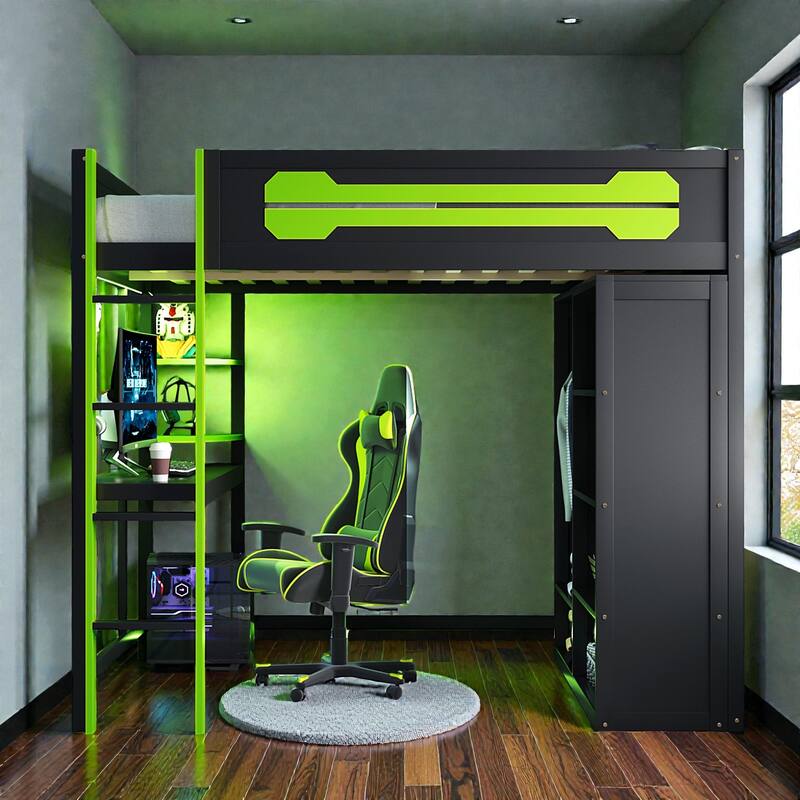 Full Size Wood Loft Bed with Desk, Open Wardrobe and Shelves, RGB LED Light, USB Ports and Power Outlets