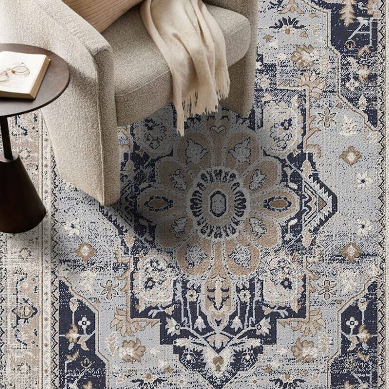 7FT x 5FT Vintage Bohemia Cotton Area Rug with Non-Slip TPR Backing for Indoor Living Room and Entryway - 6' x 7'
