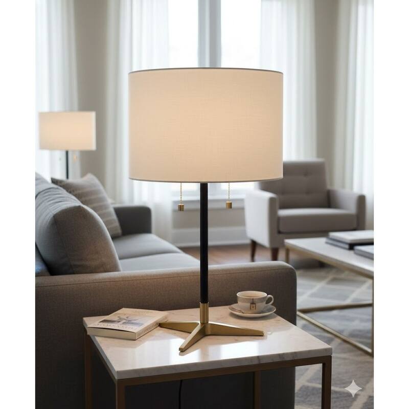 2 Light Antique Brass And Black Metal Table Lamp