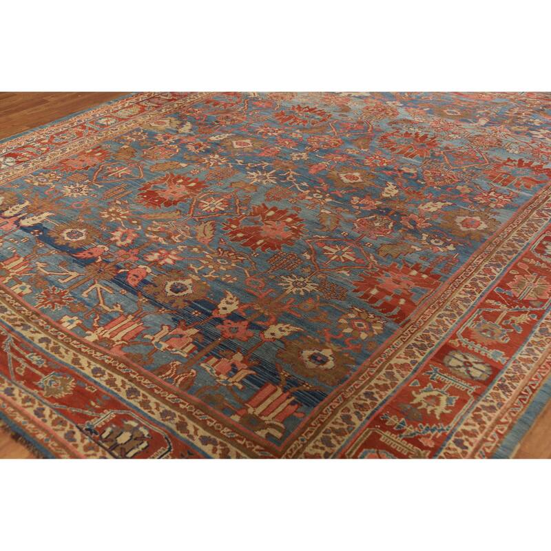 Hand Knotted Oriental 100% Wool Carpet Traditional Floral Navy Blue & Blues Heriz Area Rug - 10' 9'' X 9' 3''