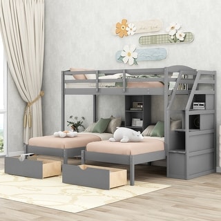 Triple Bunk Bed with Storage Drawers and Staircase, Grey