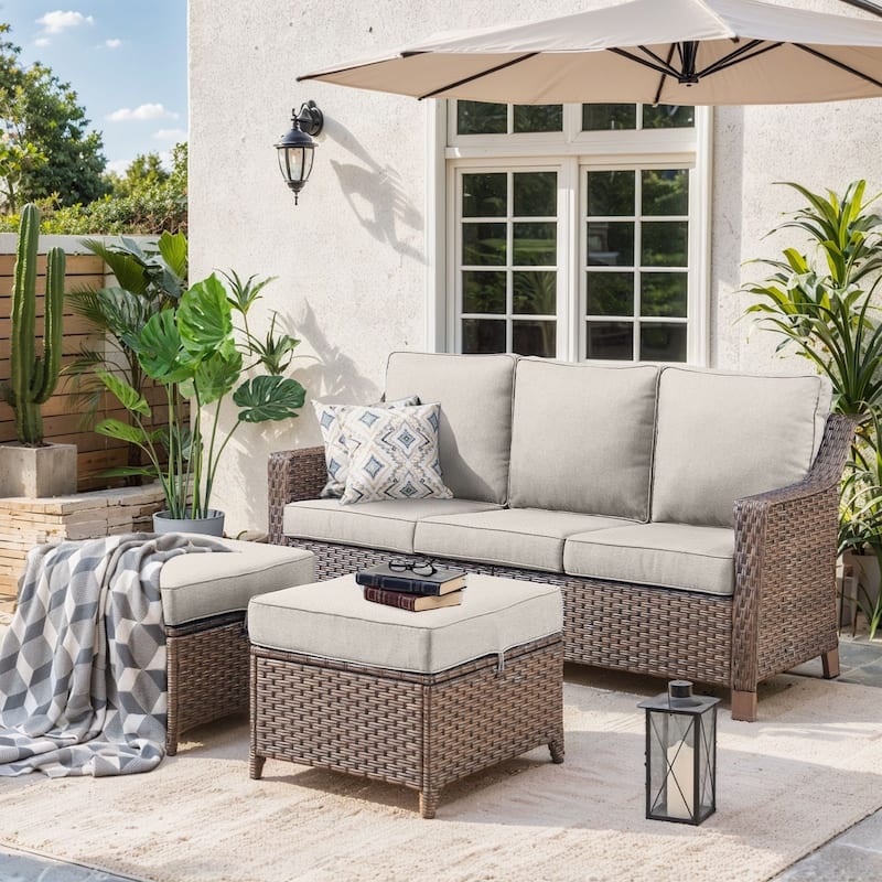 Outside Patio Sofa Chair Set with Cushions - Brwon Wicker Beige Cushion - 3PCS Sofa with Ottoman