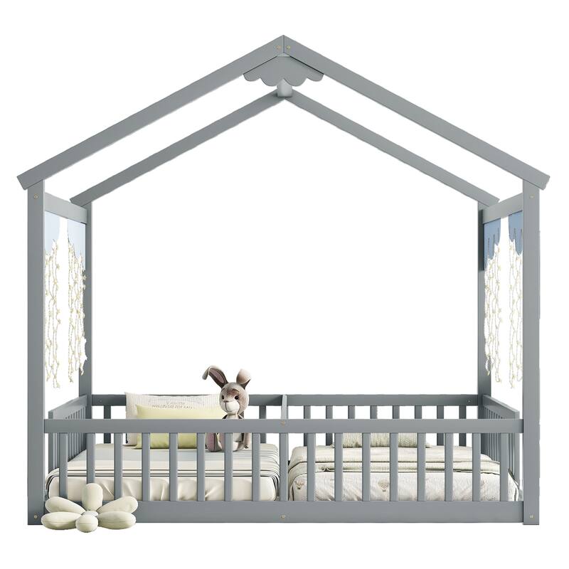 House-shape Bed Frame Double Twin Size Floor Bed with Fence Guardrails, without Door for Multi Toddler Children Kids Boys Girls