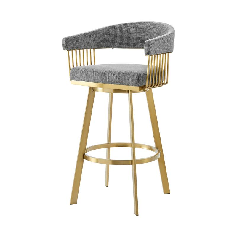 HomeRoots 26" Gray and Gold Fabric and Stainless Steel Low Back Counter Height Swivel Bar Chair