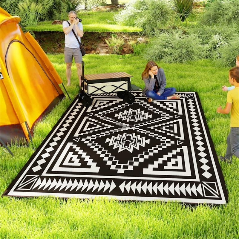 Reversible Outdoor Rug Square Patchwork, UV-Protected Foldable Polypropylene Mat with Carry Bag - : 215.7" L × 107.9" W