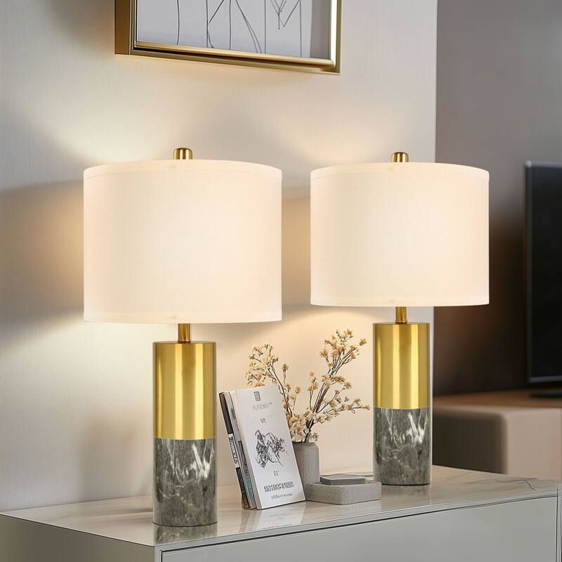 20" Modern Metal Marble Table Lamp, Bedroom Table Lamps Set of 2