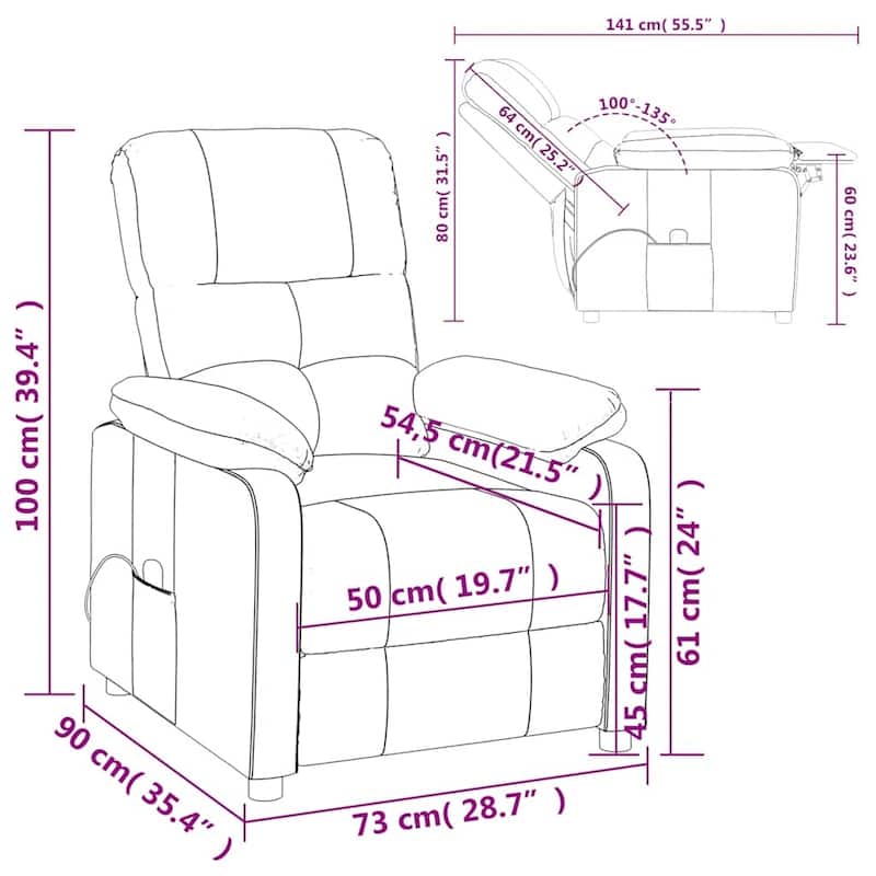 vidaXL Massage Recliner Dark Brown Fabric - 28.7" x 35.4" x 39.4"