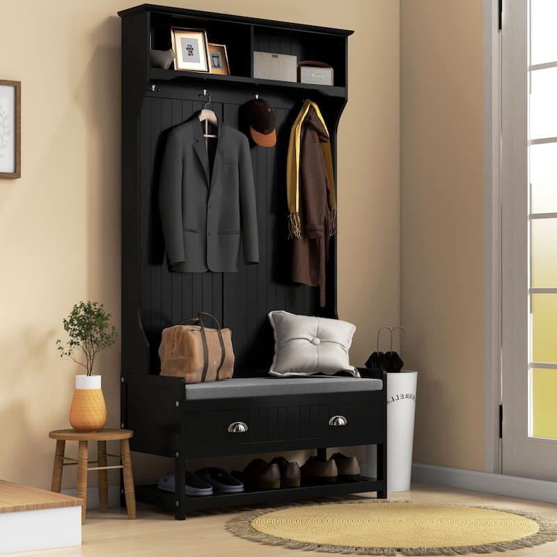 Black Entryway Bench Hall Tree with Coat Rack, Simple Indoor Bench Storage Bench with Shelves and 2 Drawers - Black
