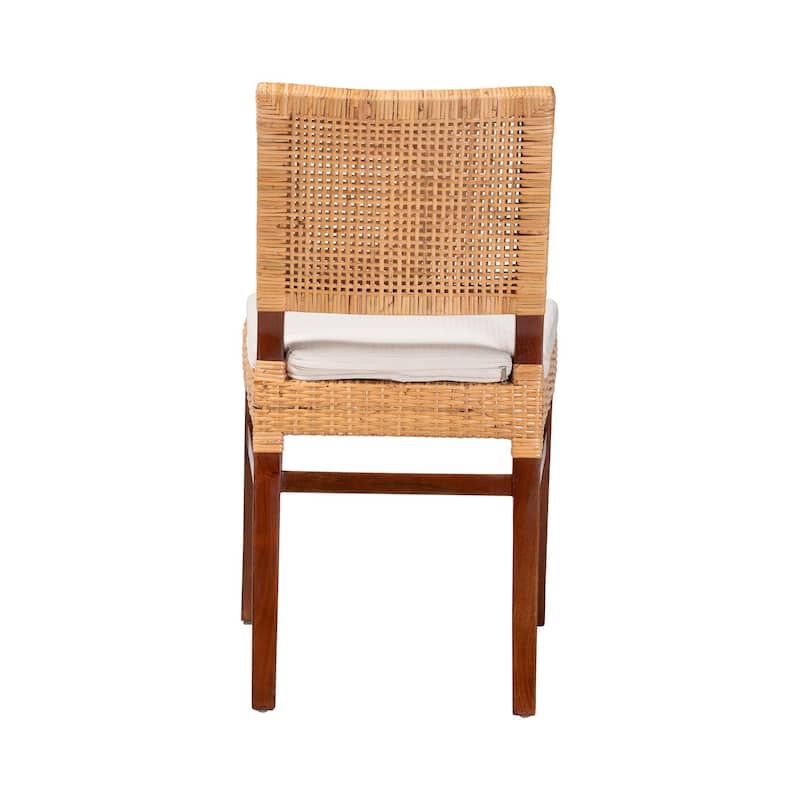Lesia Natural Rattan Dining Chair with Cushion - Handwoven Wicker Side Chair with Mahogany Wood Frame, Coastal Boho Seating