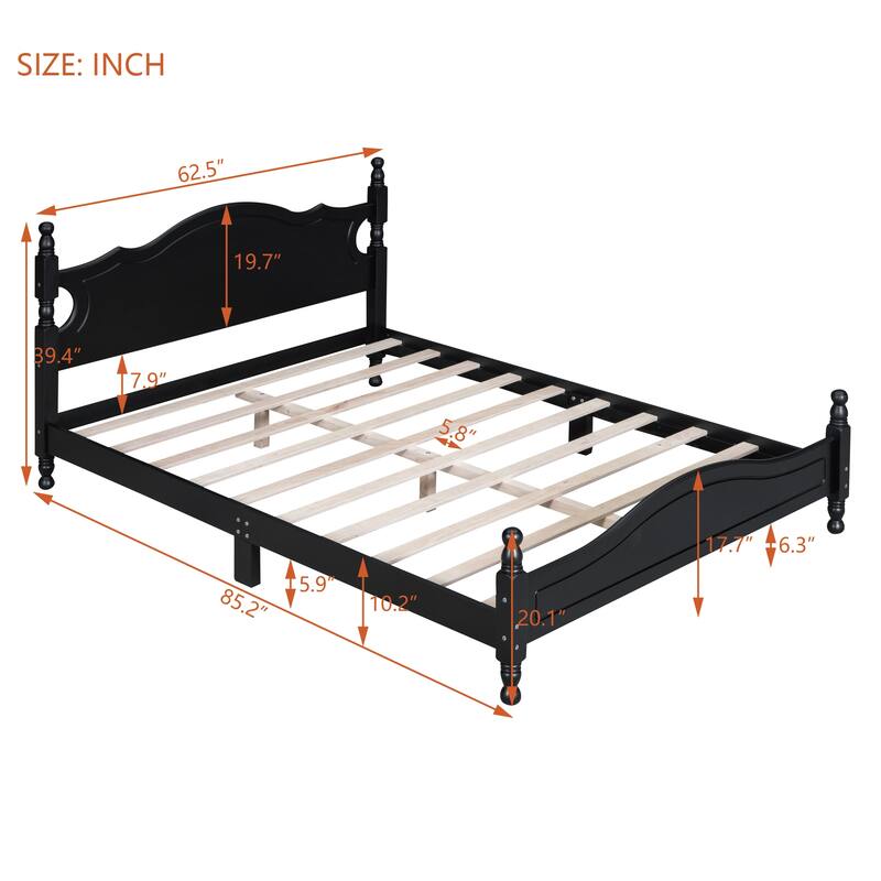 Queen Size Retro Wood Platform Bed Frame with Wooden Slat Support, Black