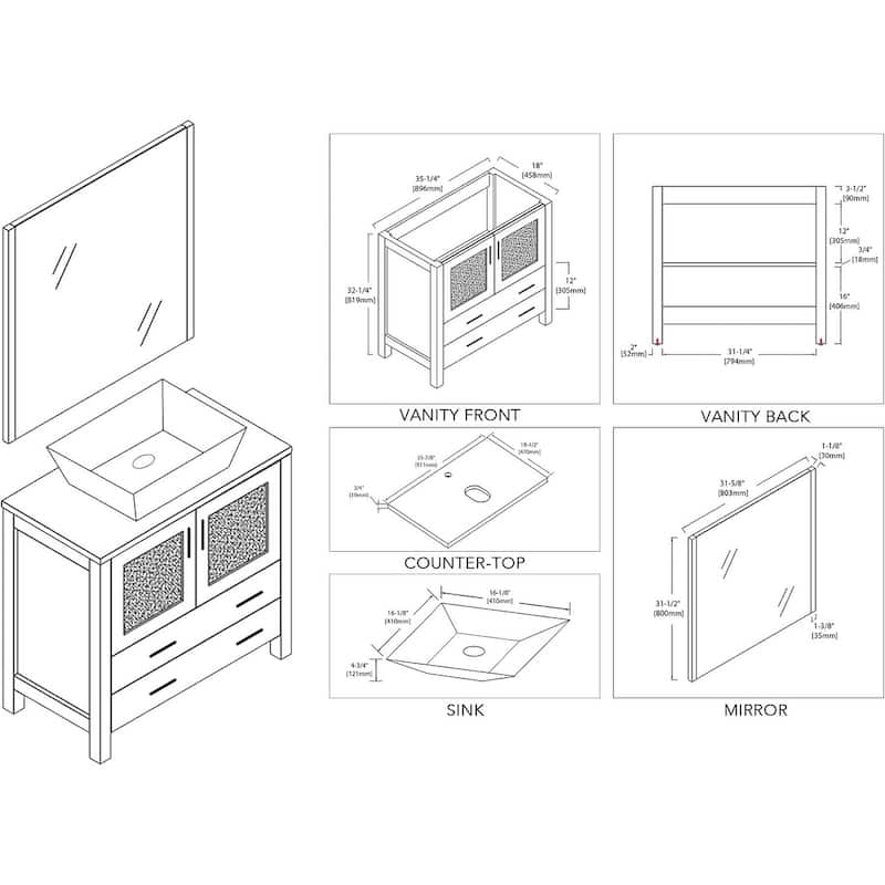 Blossom Sydney 36" Bathroom Vanity with Ceramic Vessel Sink and Mirror