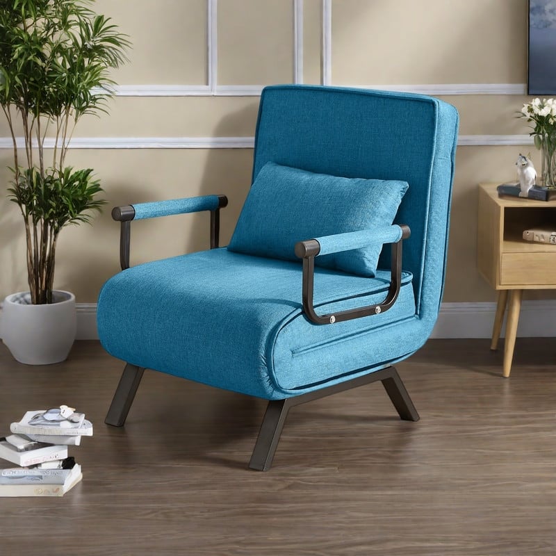 Linen 5-in-1 Folding Chair Bed with 5-Position Backrest, 450lb Capacity and Removable Pillow - Blue