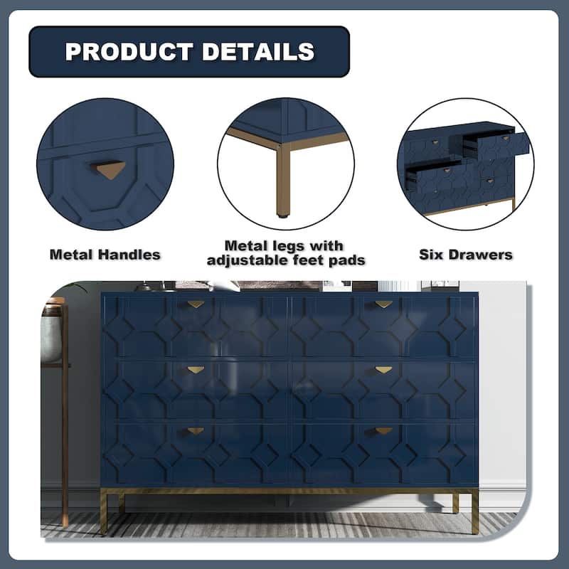 Clihome Wooden Storage 6 Drawer Double Dresser for Bedroom