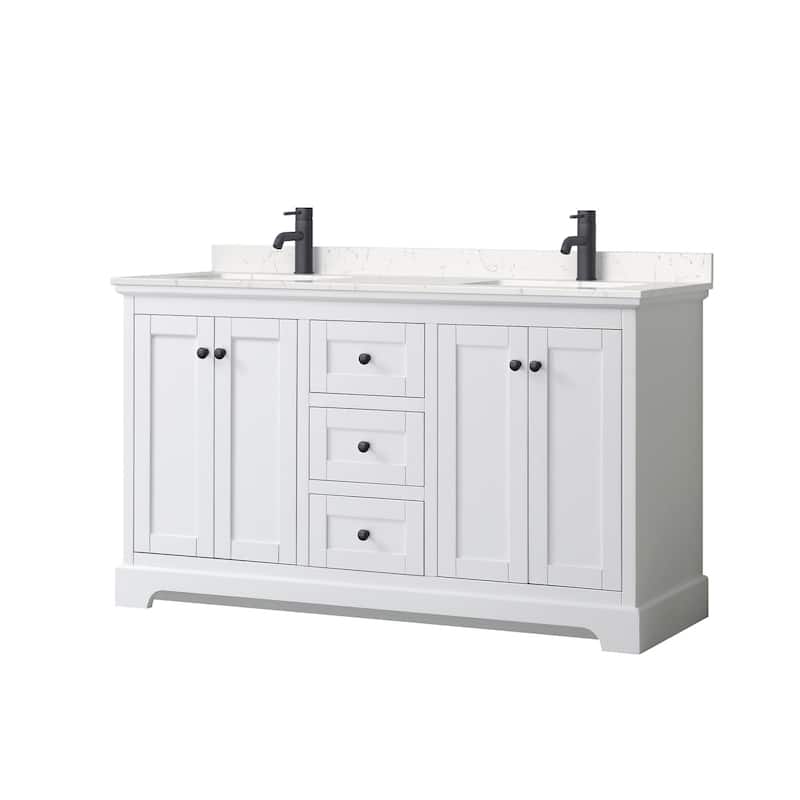 Wyndham Collection Avery 60" Free Standing Double Basin Vanity Set - White / Carrara Cultured Marble Top / Matte Black