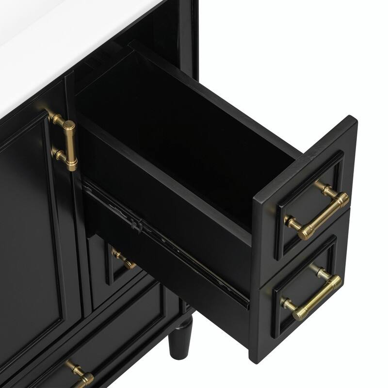 24" Modern Bathroom Vanity with Ceramic Sink, Soft-Close Door, 3 Drawers, Gold Handles & Door Rack