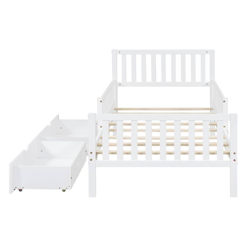 Solid Wood Platform Bed Frame with Guardrail, Drawer