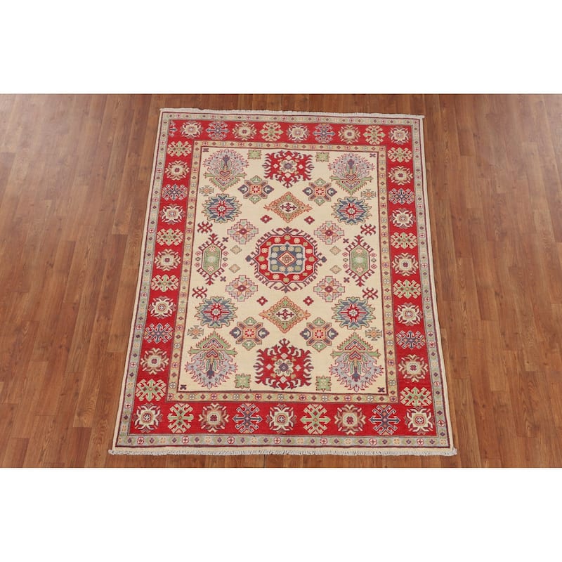 Geometric Kazak Oriental Area Rug Hand-Knotted Living Room Wool Carpet - 4'10" x 6'4"