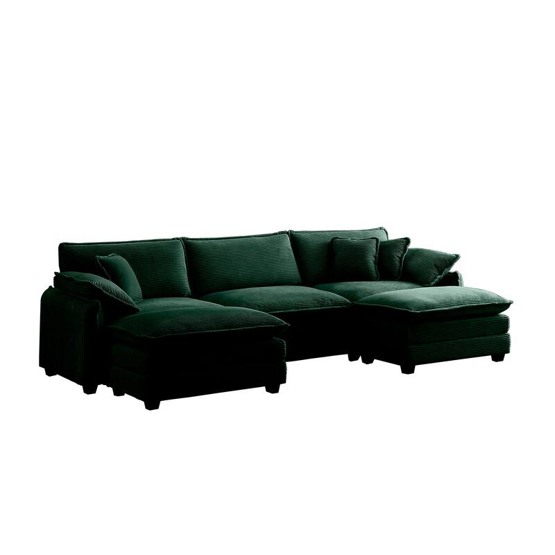Green 5-piece Corduroy U-Shaped Modular Sectional Sofa with 2 Ottomans & 5 Pillows