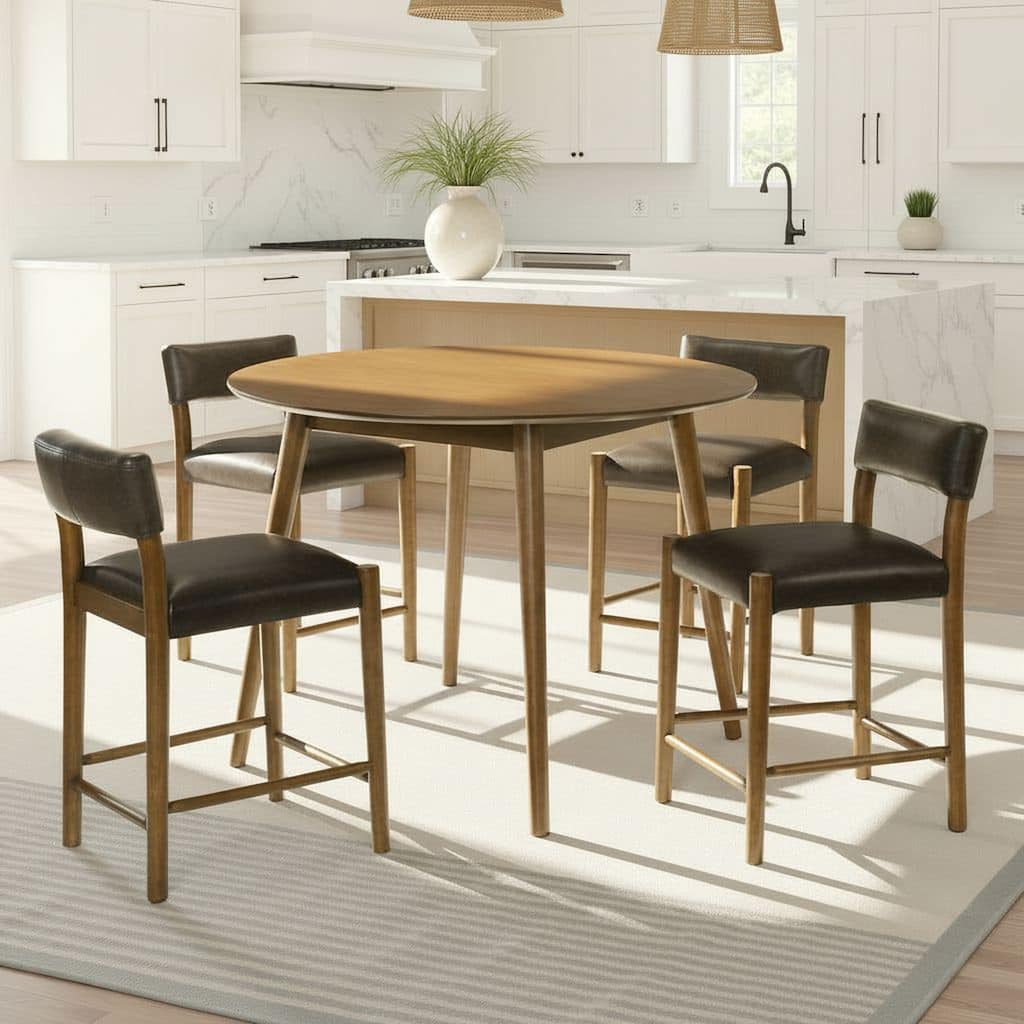 Bennet 5-Piece Pub Wood Dining Set with Walnut Finished Top Table and Faux Leather Counter Height Bar Stools