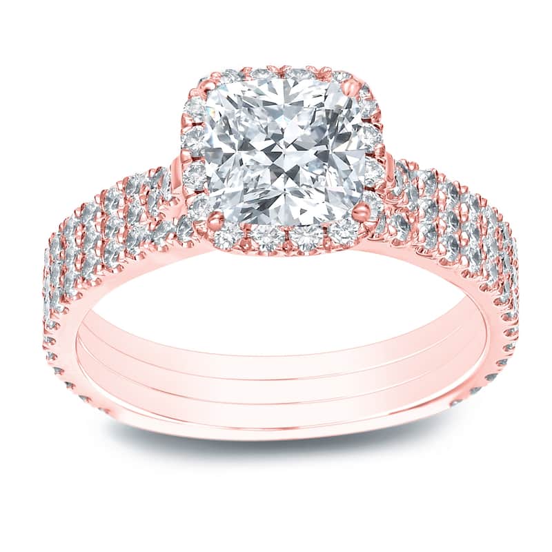 Auriya 2 1/5ctw Cushion-cut Halo Diamond Engagement Ring 3pc Set 14k Gold