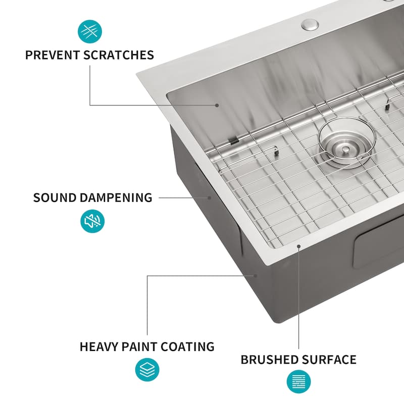 Drop In 16 Gauge Stainless Steel 30" Single Bowl Topmount Kitchen Sink Basin