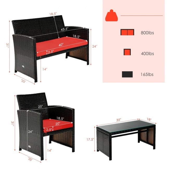 4Pcs Patio Rattan Cushioned Furniture Set - 43.5" x 25" x 31" (L x W x H)
