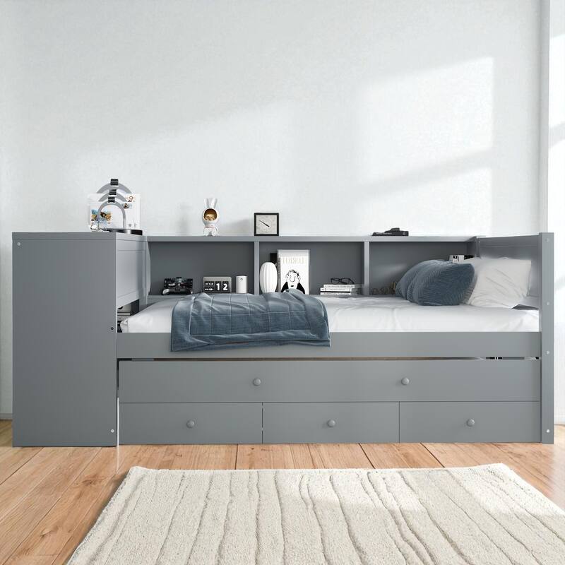 Twin/Full Size Wood Daybed with Trundle, Storage Drawers, Shelves and Built-in Desk, No Box Spring Needed