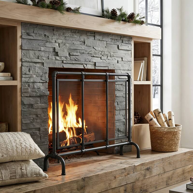 Christopher Knight Home - Celeste Mid-Century Modern Iron Fireplace Screen with Industrial Water Pipe Design - 36" W x 29" H - 36" W x 29" H - Black