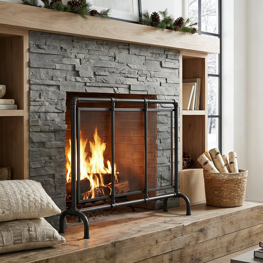 Christopher Knight Home - Celeste Mid-Century Modern Iron Fireplace Screen with Industrial Water Pipe Design - 36" W x 29" H