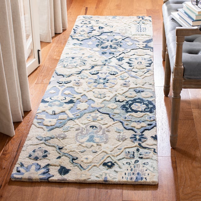 SAFAVIEH Handmade Glamour Noella Floral Wool Rug - 2'3" x 8' Runner - Beige/Blue
