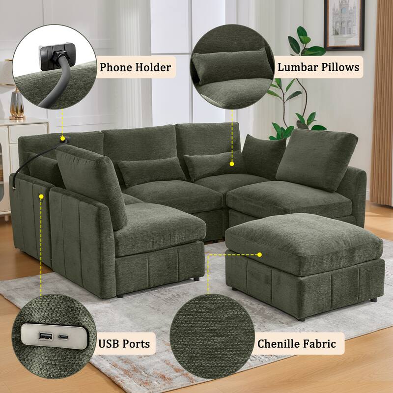 U Shaped Modular Sectional Sofa with Movable Ottoman, Chenille Upholstered 5-Seater Sofa with 2 USB Ports & Phone Holder
