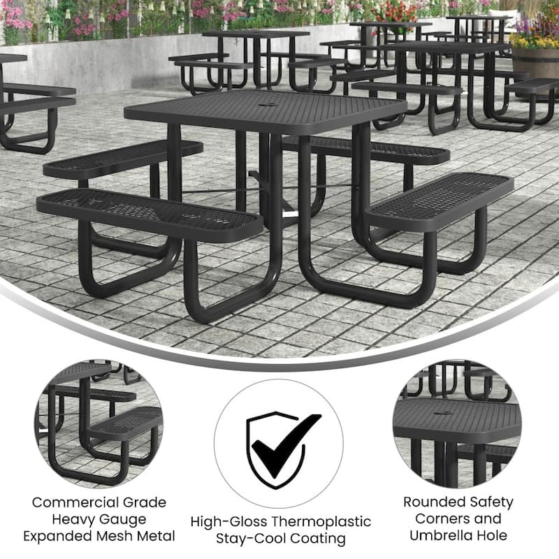 Commercial Grade Expanded Mesh Metal Outdoor Picnic Table with Anchors - 79.75"D x 79.75"W x 28.75"H
