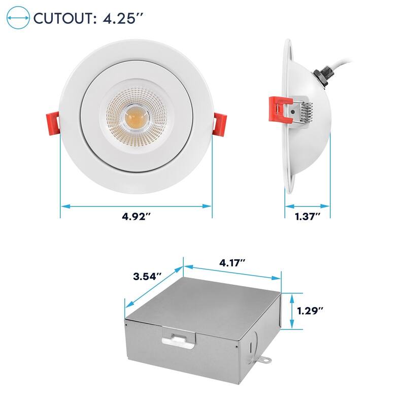 Luxrite 4 Inch Floating Gimbal LED Recessed Lighting with J-Box, CRI 90, 5CCT Dimmable, 12W ETL Listed 6 Pack