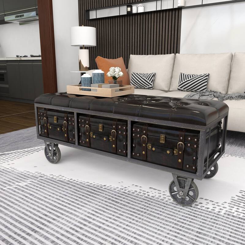 Black Faux Leather Tufted Upholstered 3 Trunk Storage Bench with Industrial Wheels and Gold Studded Accents