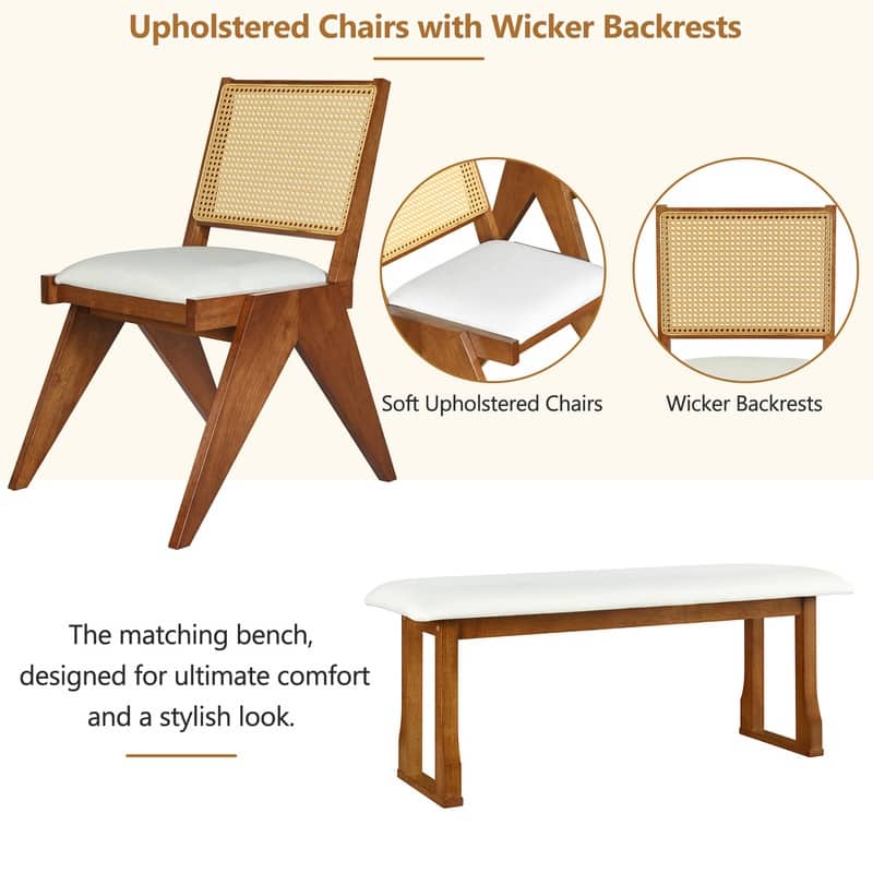 Modern Six-Piece 82.7-Inch Extendable Dining Set with Four Wicker-Back Upholstered Chairs and a Long Bench