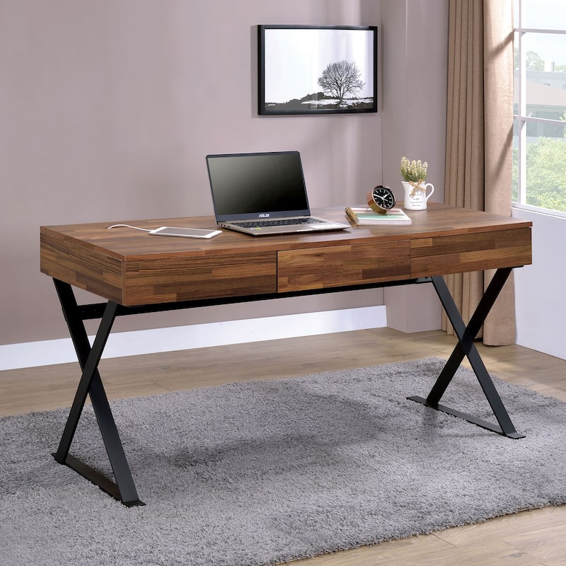 GDFStudio - Ethan Industrial Computer Desk with X-Cross Legs, Three Storage Drawers, USB and Power Outlets