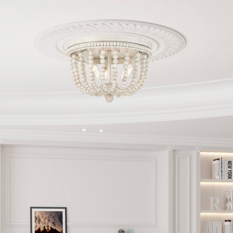 Fidenza 3-light Boho Beaded Flush Mount Ceiling Light Farmhouse Coastal Dome Lighting - 12 inches - Ivory Wash