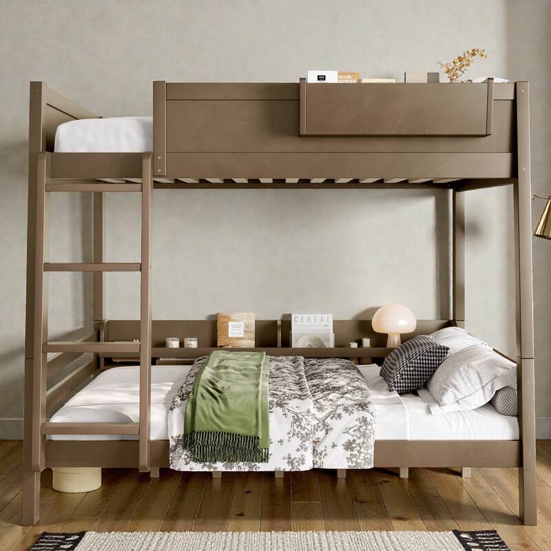Wooden Bunk Bed Frame with Built-In Storage Shelves, Convertible to Two Beds, No Box Spring Needed - Brown - Full