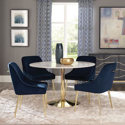Kella 5-piece White and Gold Round Marble Top Dining Set