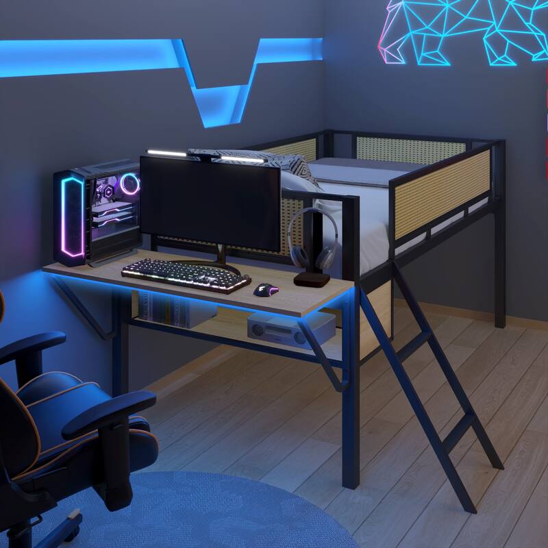 Metal Loft Bed with Rectangular Desk, LED lights, Storage Shelves and Hanging Storage Compartments, Safety Guard and Ladder