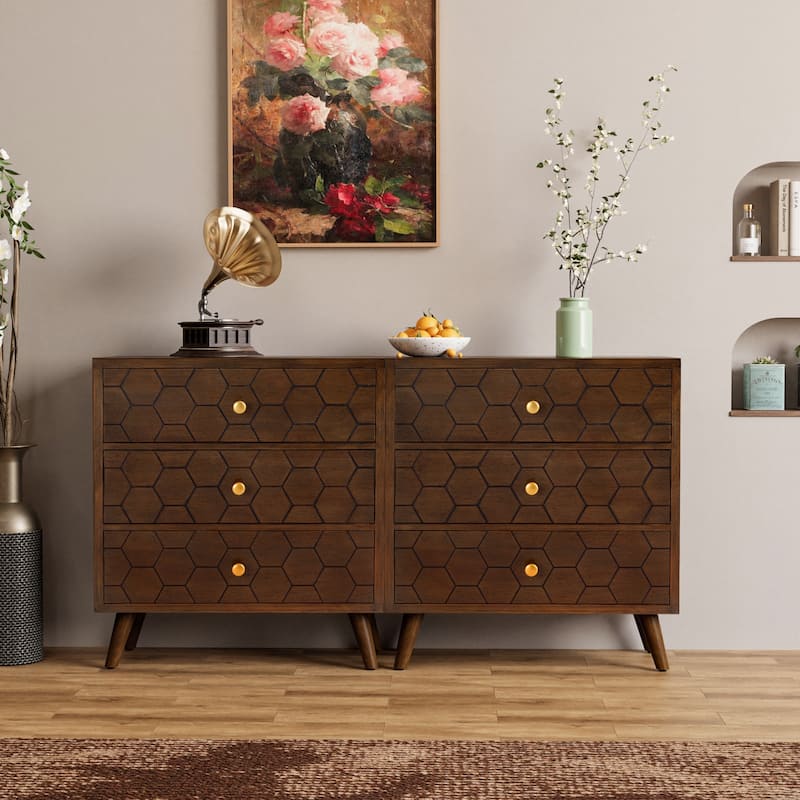 SUNBURY Solid Wood Brown Nightstand with 3-Drawers - 2Piece-Honeycomb - 3-drawer