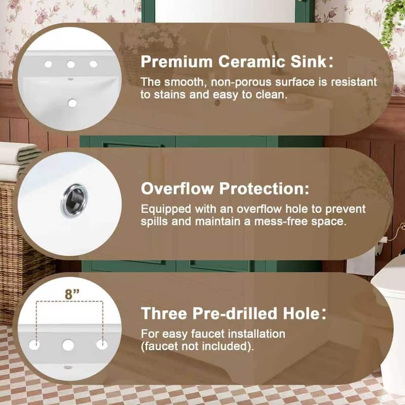 Bathroom Vanity with Ceramic Sink, Freestanding Storage Cabinet with Double Shelf, 1 Divider Drawer & 2 Soft-close Doors