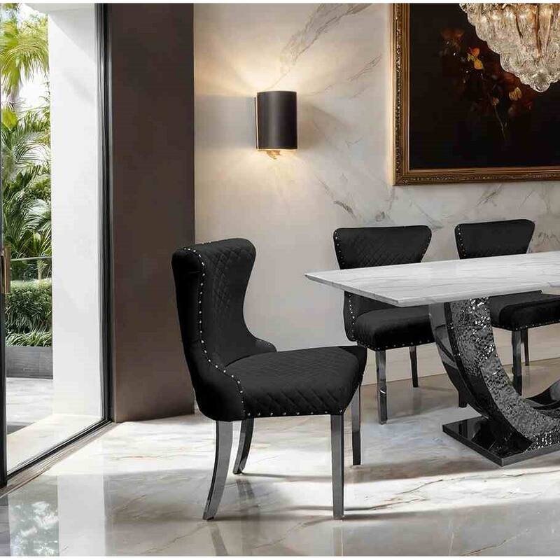 Glam Upholstered Side Chairs Set Black Finish