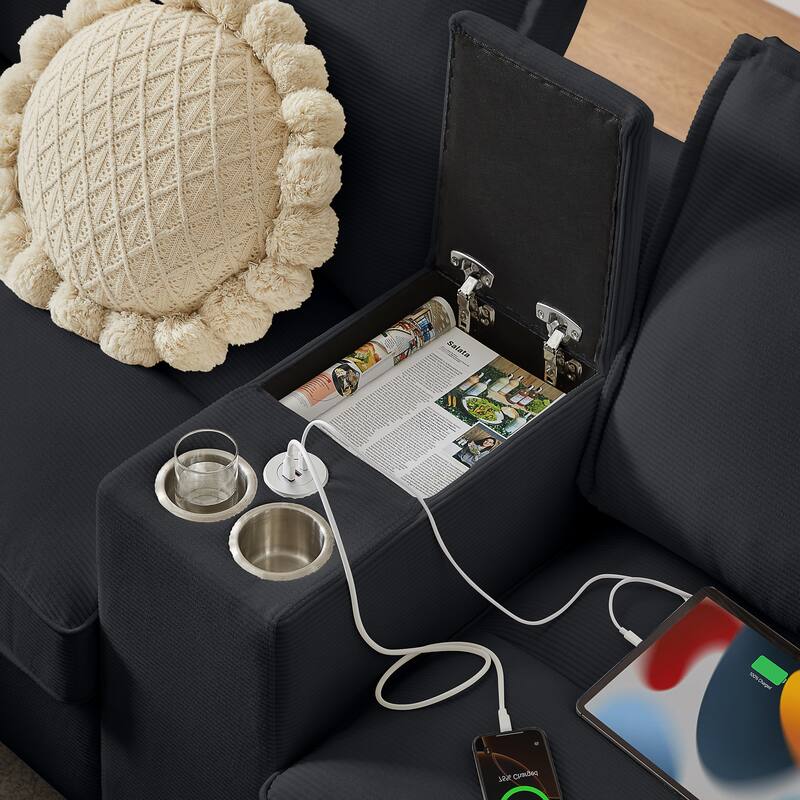 Corduroy U-shaped Sectional Sofa with Double Storage Chaise Lounge, Console Table with Charging Station, Box and Cup Holders