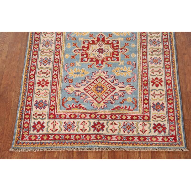 Light Blue Kazak Accent Rug Hand-Knotted Geometric Wool Carpet - 3'4"x 4'11"
