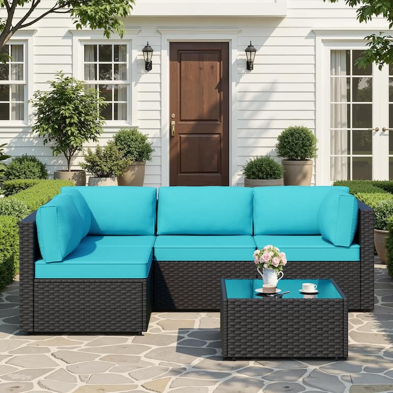 Outdoor 5-Piece Wicker Sectional Sofa Patio Conversation Set with Table - Blue/Black